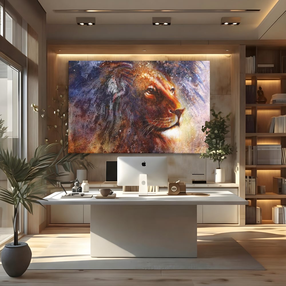 Tablou canvas cu tablou canvas cu leu in nuante cosmice, fara rama, pe sasiu de lemn, pe perete intr-un birou